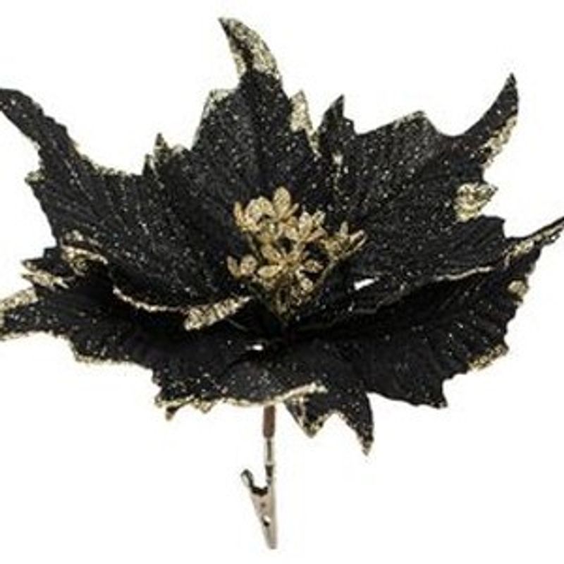 Casa si Gradina - Decoratiuni - Decoratiuni de sezon - Floare decorativa de Craciun cu clips, neagra cu glitter auriu, 27 cm - Infinity.ro