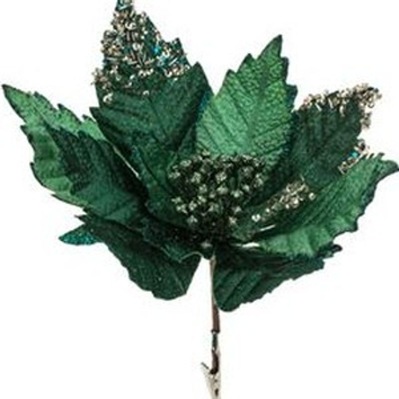 Casa si Gradina - Decoratiuni - Decoratiuni de sezon - Floare decorativa de Craciun cu clips, verde smarald, cu paiete si glitter, 30 cm - Infinity.ro