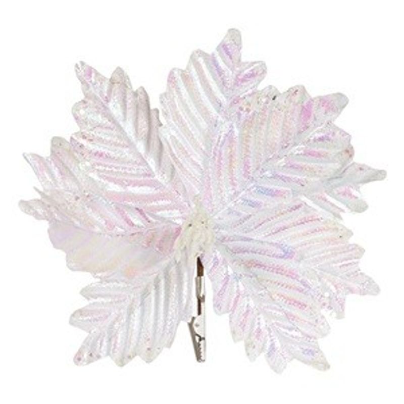 Casa si Gradina - Decoratiuni - Decoratiuni de sezon - Floare decorativa de Craciun, Alba Irizata, cu Clips, 23 cm - Infinity.ro