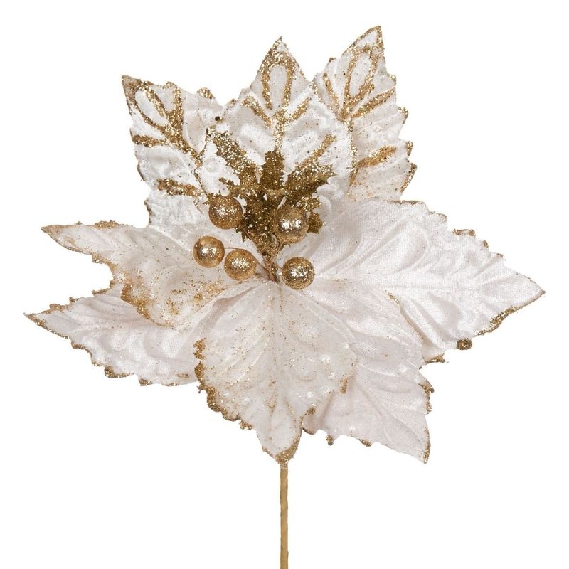 Casa si Gradina - Decoratiuni - Decoratiuni de sezon - Floare Decorativa de Craciun Ecru cu Glitter Auriu 29cm - Infinity.ro