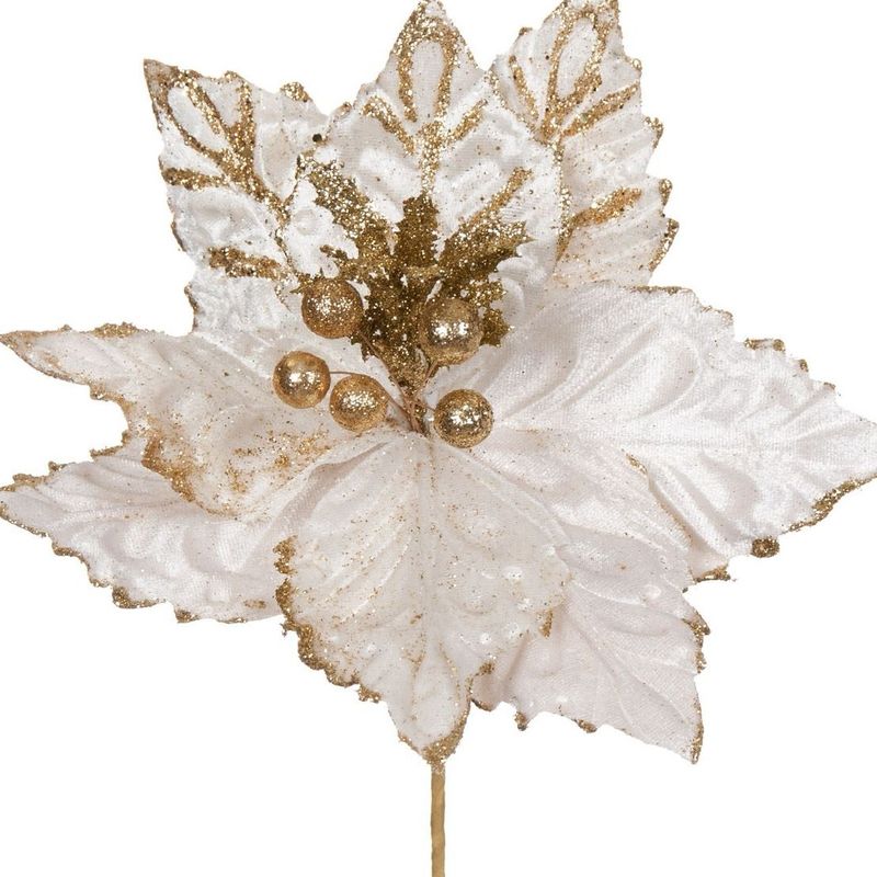 Casa si Gradina - Decoratiuni - Decoratiuni de sezon - Floare Decorativa de Craciun Ecru cu Glitter Auriu 29cm - Infinity.ro