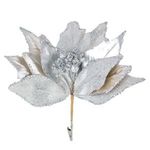 Casa si Gradina - Decoratiuni - Decoratiuni de sezon - Floare decorativa de Craciun, Argintie, cu Glitter si Clips, 26 cm - Infinity.ro