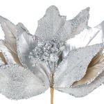 Casa si Gradina - Decoratiuni - Decoratiuni de sezon - Floare decorativa de Craciun, Argintie, cu Glitter si Clips, 26 cm - Infinity.ro