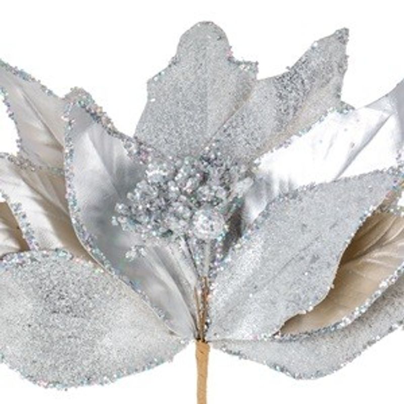 Casa si Gradina - Decoratiuni - Decoratiuni de sezon - Floare decorativa de Craciun, Argintie, cu Glitter si Clips, 26 cm - Infinity.ro