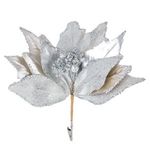 Casa si Gradina - Decoratiuni - Decoratiuni de sezon - Floare decorativa de Craciun, Argintie, cu Glitter si Clips, 26 cm - Infinity.ro