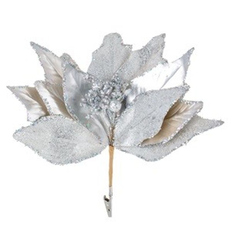 Casa si Gradina - Decoratiuni - Decoratiuni de sezon - Floare decorativa de Craciun, Argintie, cu Glitter si Clips, 26 cm - Infinity.ro