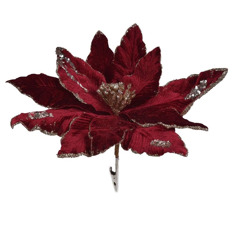 Casa si Gradina - Decoratiuni - Decoratiuni de sezon - Floare decorativa de Craciun, bordo cu glitter bej si clips, 36 cm - Infinity.ro