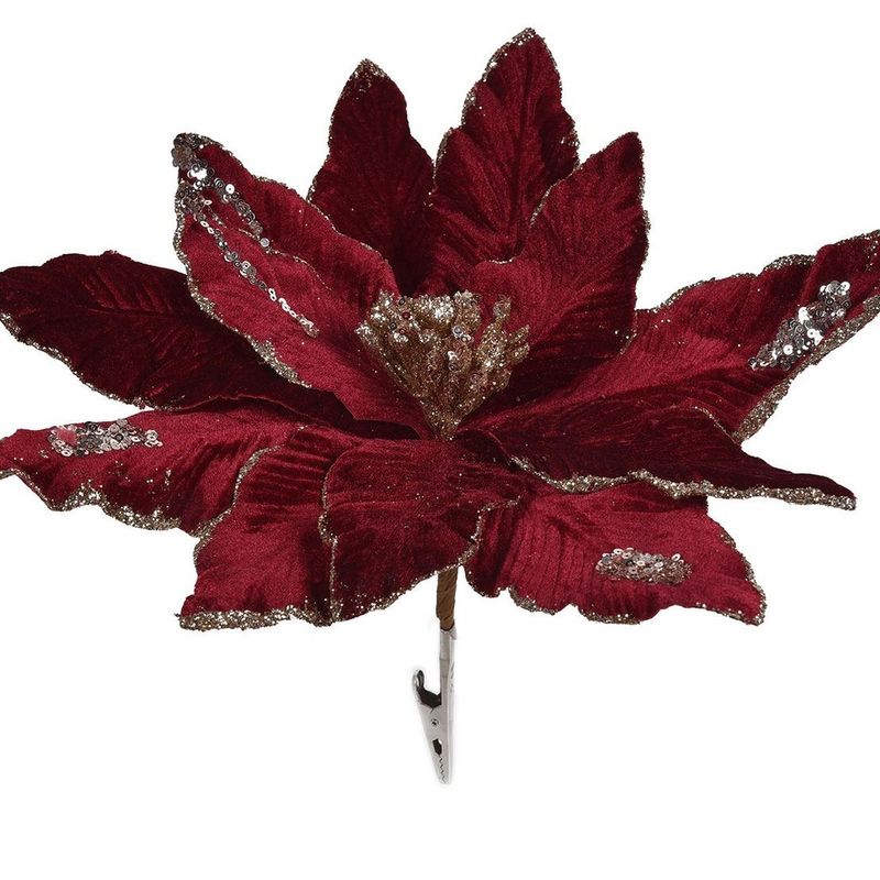 Casa si Gradina - Decoratiuni - Decoratiuni de sezon - Floare decorativa de Craciun, bordo cu glitter bej si clips, 36 cm - Infinity.ro