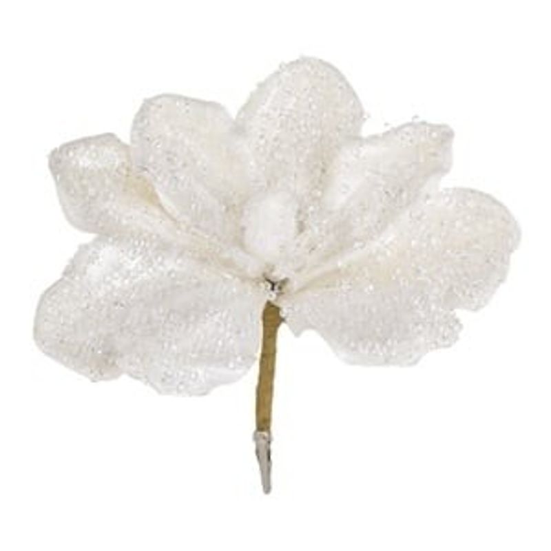 Casa si Gradina - Decoratiuni - Decoratiuni de sezon - Floare decorativa de Craciun, alba, cu margele transparente si glitter, clips, 20 cm - Infinity.ro