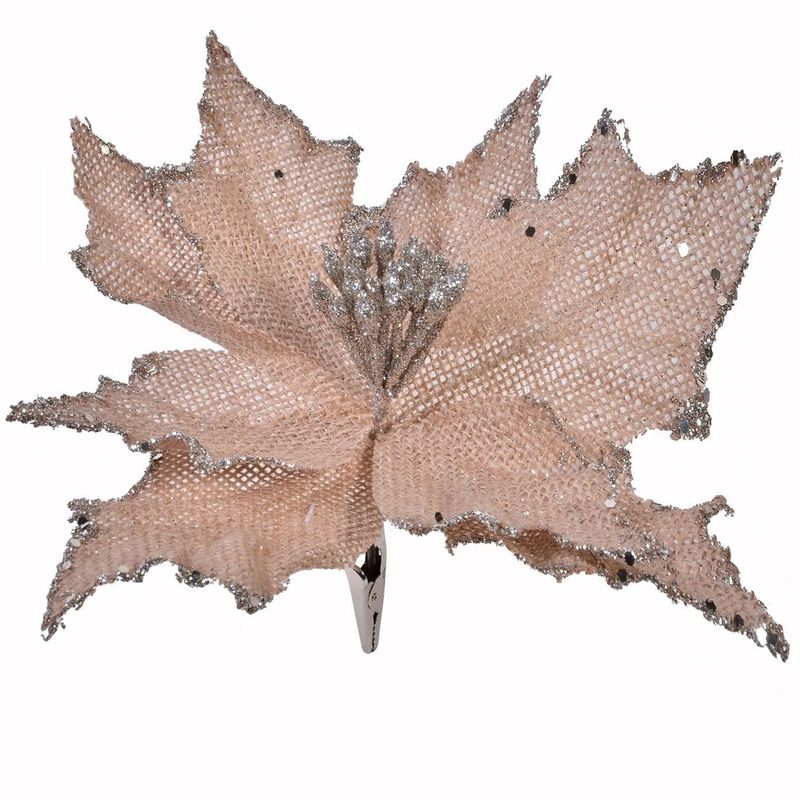 Casa si Gradina - Decoratiuni - Decoratiuni de sezon - Floare decorativa de Craciun, Bej cu Glitter Argintiu, cu Clips, 25cm - Infinity.ro
