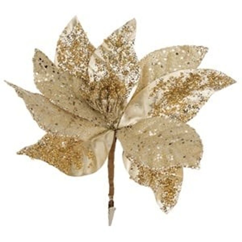 Casa si Gradina - Decoratiuni - Decoratiuni de sezon - Floare decorativa de Craciun, Aurie cu Bej si Glitter, cu Clips, 26 cm - Infinity.ro