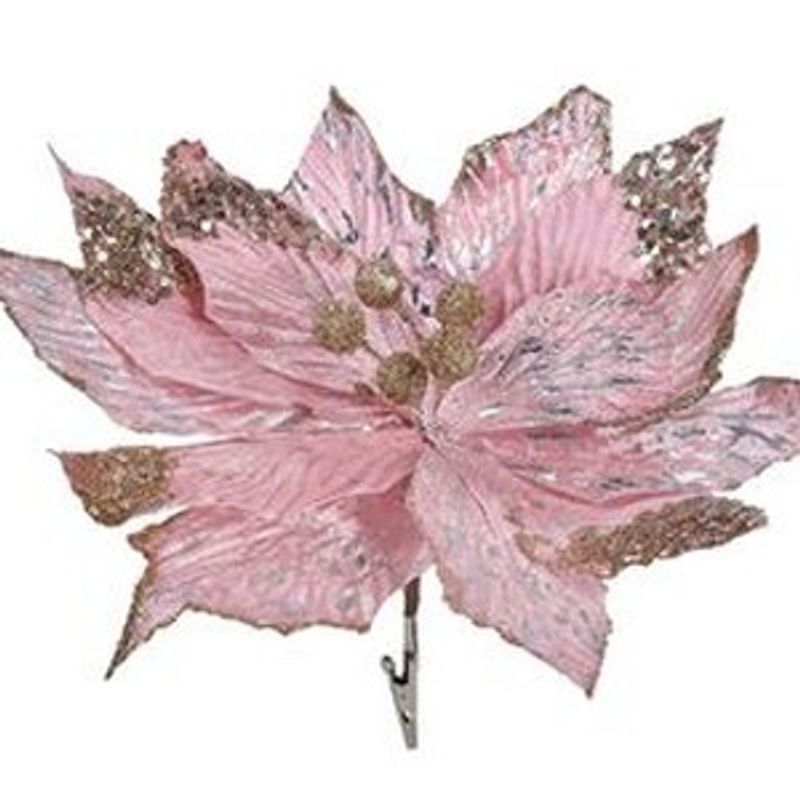 Casa si Gradina - Decoratiuni - Decoratiuni de sezon - Floare decorativa de Craciun, catifelata, roz cu glitter si paiete, cu clips, 29 cm - Infinity.ro