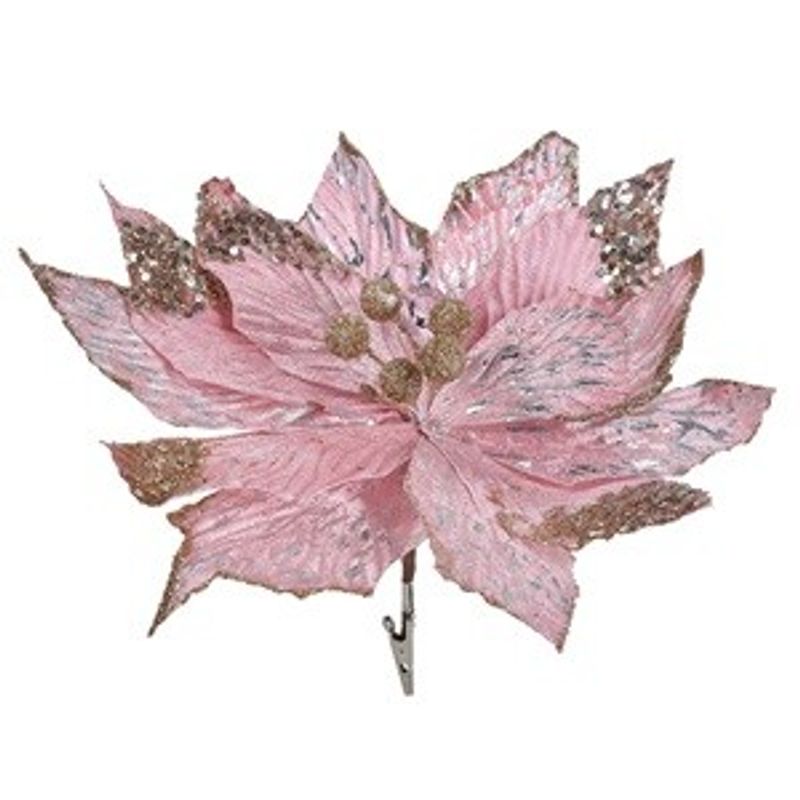 Casa si Gradina - Decoratiuni - Decoratiuni de sezon - Floare decorativa de Craciun, catifelata, roz cu glitter si paiete, cu clips, 29 cm - Infinity.ro
