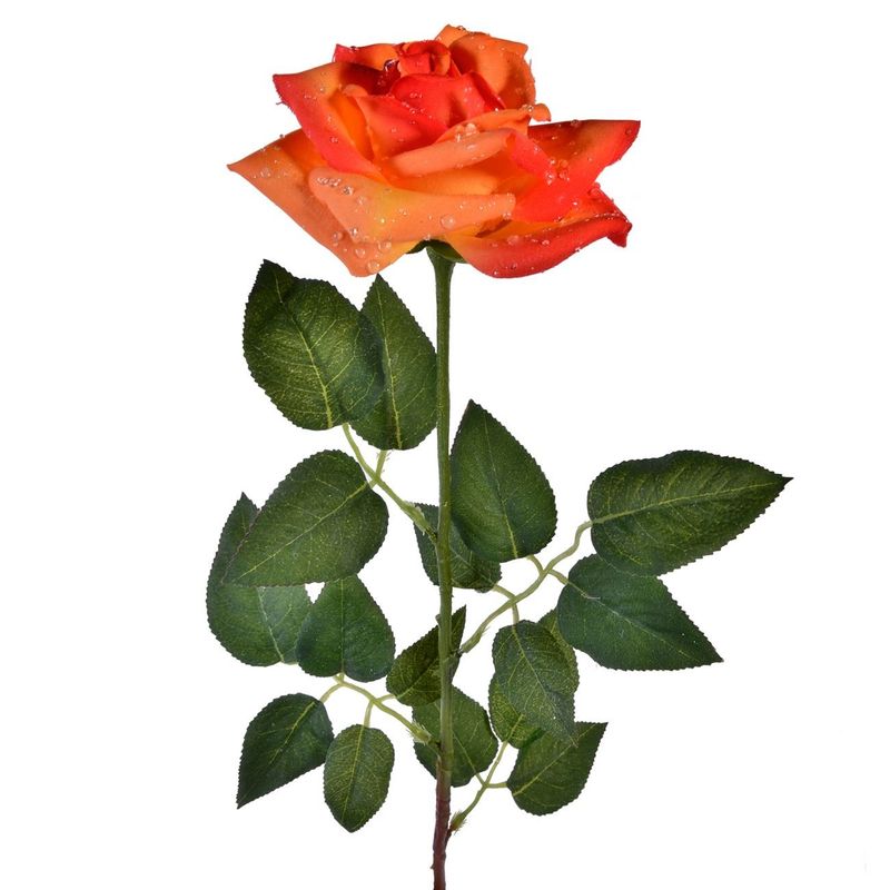 Casa si Gradina - Decoratiuni - Obiecte decorative - Plante artificiale - Floare artificiala trandafir portocaliu/galben cu picaturi de roua, 63 cm - Infinity.ro