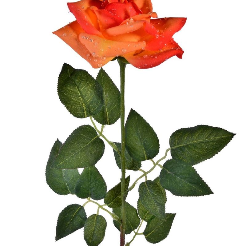 Casa si Gradina - Decoratiuni - Obiecte decorative - Plante artificiale - Floare artificiala trandafir portocaliu/galben cu picaturi de roua, 63 cm - Infinity.ro