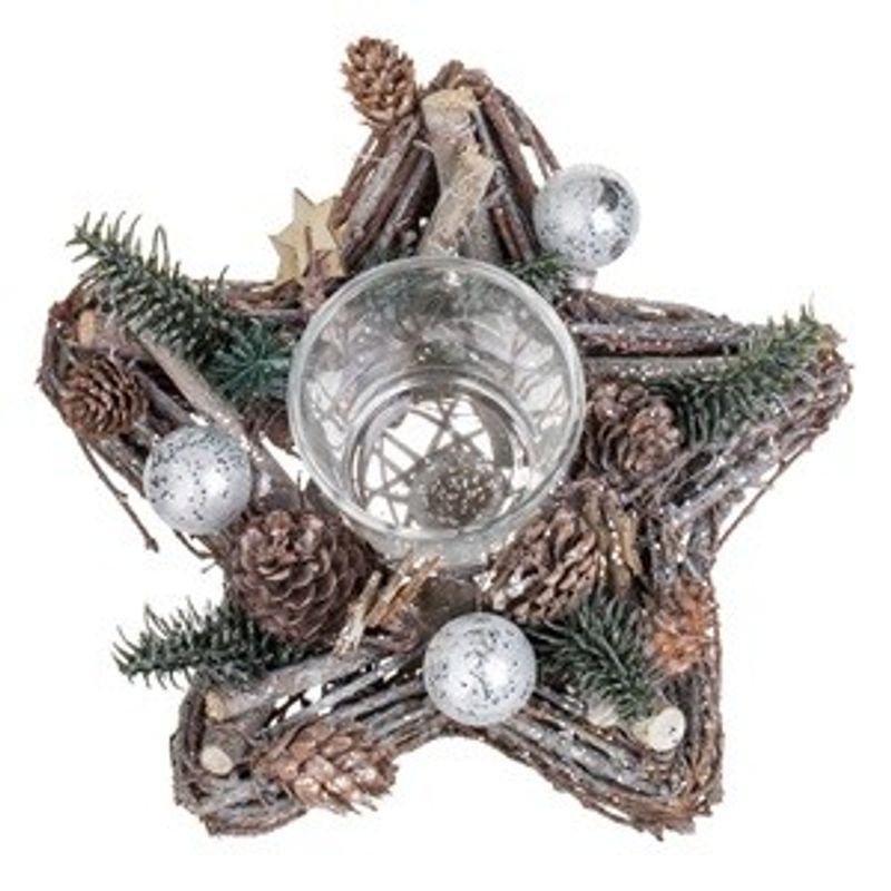 Casa si Gradina - Decoratiuni - Decoratiuni de sezon - Suport Decorativ Stea Craciun din Lemn cu Globuri Argintii - Infinity.ro