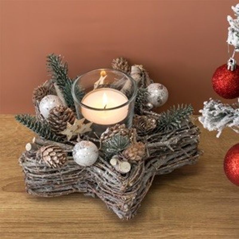 Casa si Gradina - Decoratiuni - Decoratiuni de sezon - Suport Decorativ Stea Craciun din Lemn cu Globuri Argintii - Infinity.ro