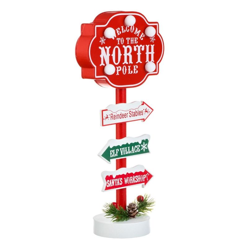 Casa si Gradina - Decoratiuni - Decoratiuni de sezon - Tabela Decorativa de Craciun din Lemn Rosie "North Pole" cu Funda & Lumina 30.5cm - Infinity.ro