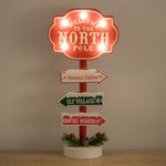 Casa si Gradina - Decoratiuni - Decoratiuni de sezon - Tabela Decorativa de Craciun din Lemn Rosie "North Pole" cu Funda & Lumina 30.5cm - Infinity.ro