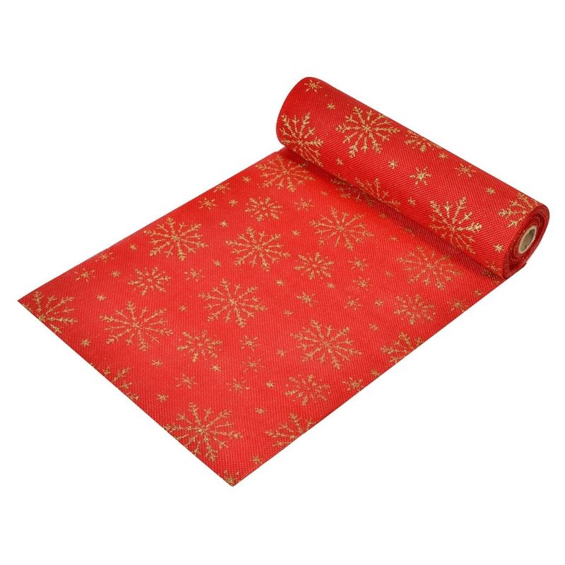 Casa si Gradina - Decoratiuni - Decoratiuni de sezon - Tesatura Decorativa Craciun Rosie cu Fulgi Aurii Glitter Poliester 5m x 24cm - Infinity.ro