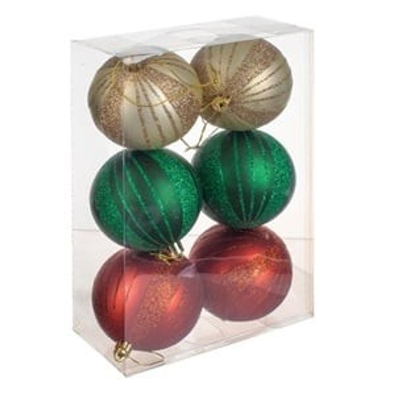 Casa si Gradina - Decoratiuni - Decoratiuni de sezon - Set Globuri de Craciun Verzi & Rosii cu Dungi Glitter - Infinity.ro