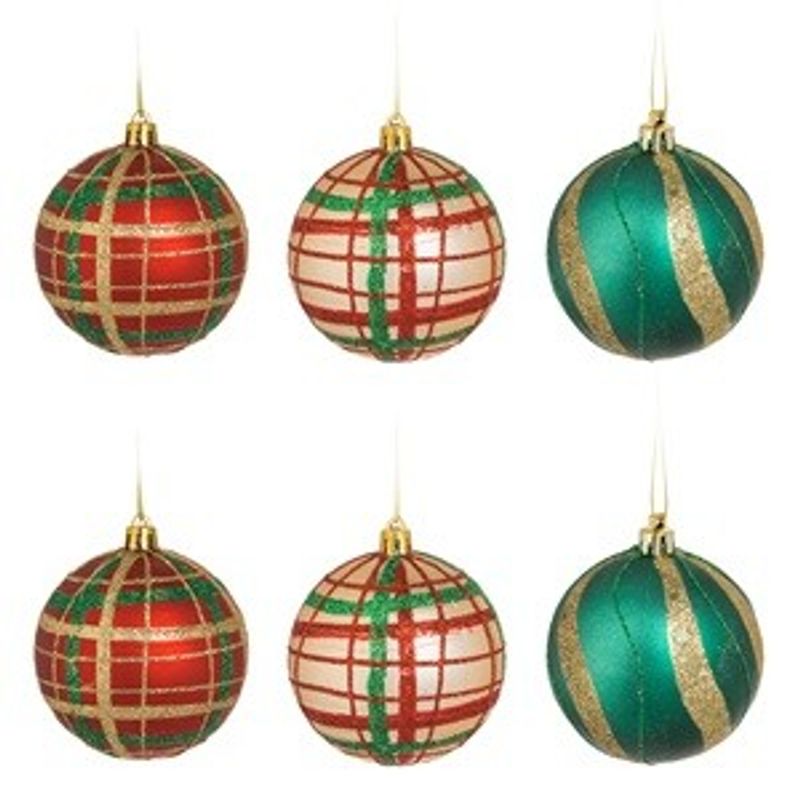 Casa si Gradina - Decoratiuni - Decoratiuni de sezon - Set Globuri de Craciun Rosii Verzi Bej Carouri cu Glitter - Infinity.ro