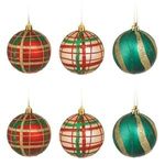 Casa si Gradina - Decoratiuni - Decoratiuni de sezon - Set Globuri de Craciun Rosii Verzi Bej Carouri cu Glitter - Infinity.ro