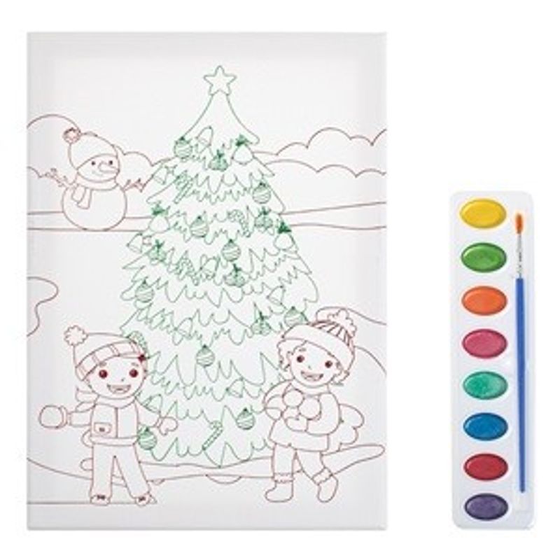Jucarii, Copii si Bebe - Jucarii si jocuri - Jucarii & jocuri educative - Seturi pictura si desen - Set de Colorat de Craciun cu Canvas A4 Brad Copii & Acuarela - 3buc - Infinity.ro
