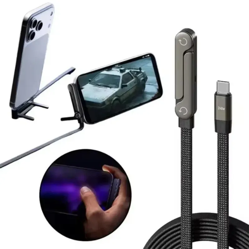 Laptop, Telefoane si Tablete - Telefoane mobile si accesorii - Accesorii Telefoane - Cabluri si adaptoare telefoane - Cablu Type-C la Type-C 240W 5A 1.5m Fast Charging Nylon Braided cu Suport Telefon Gaming ABYZ - Infinity.ro