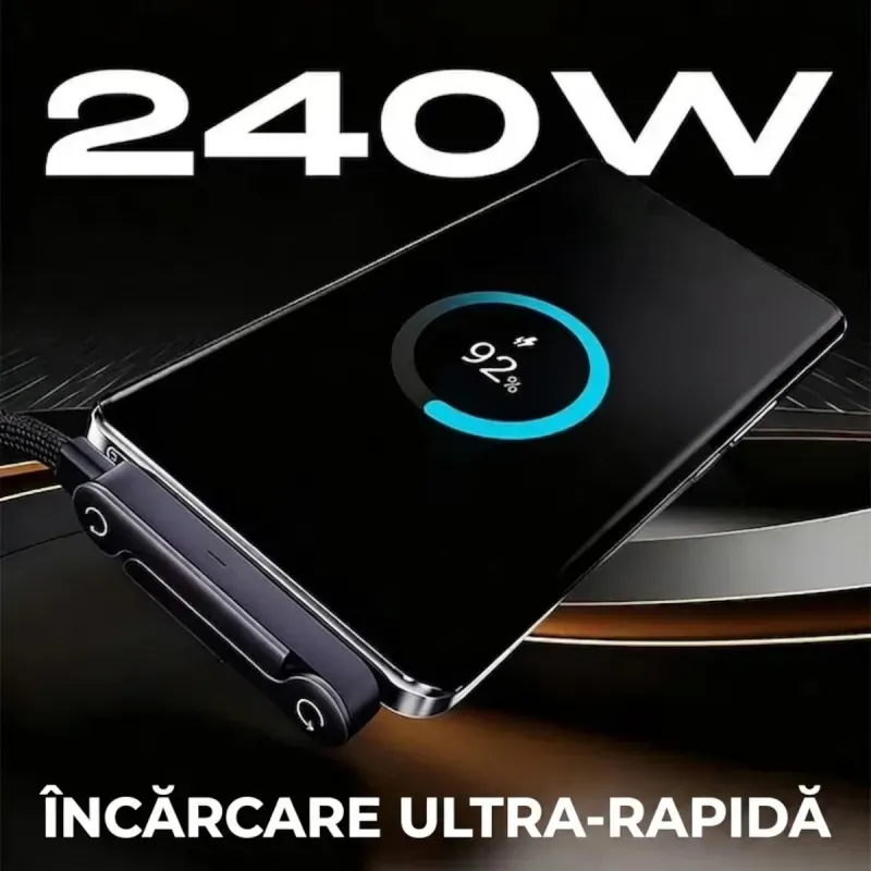 Laptop, Telefoane si Tablete - Telefoane mobile si accesorii - Accesorii Telefoane - Cabluri si adaptoare telefoane - Cablu Type-C la Type-C 240W 5A 1.5m Fast Charging Nylon Braided cu Suport Telefon Gaming ABYZ - Infinity.ro
