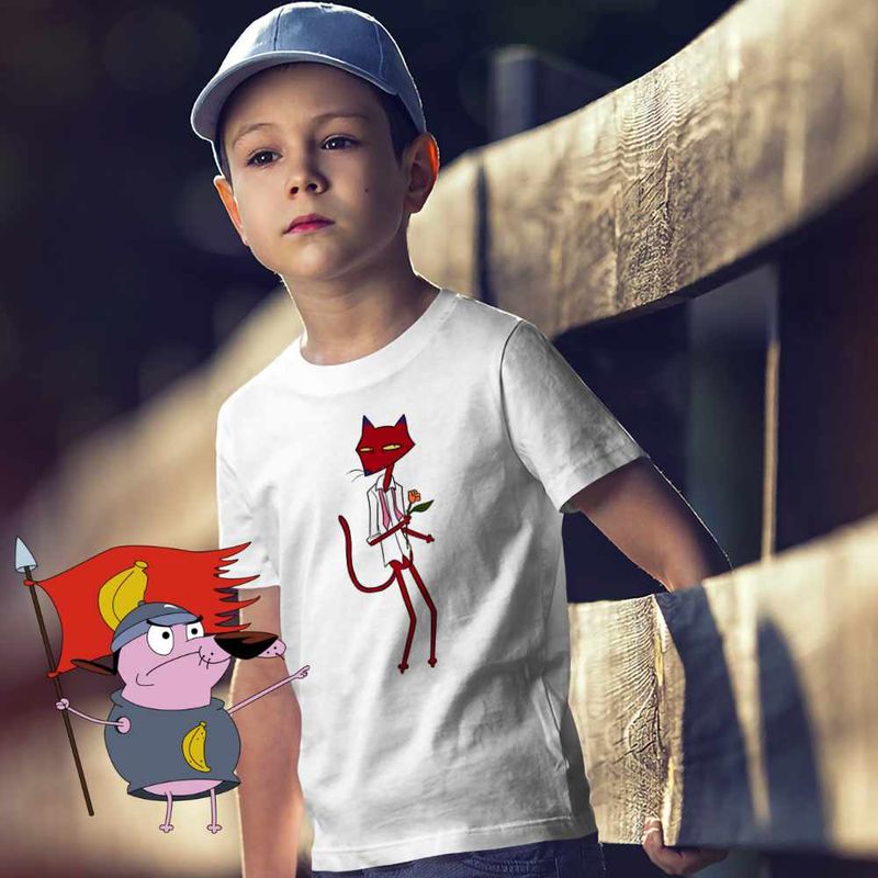 Fashion, accesorii si bijuterii - Copii - Imbracaminte copii - Tricouri copii - Tricou Copii Baieti Pisica Rosie Rea Curaj Cainele Fricos, alb, marime L Copii - Infinity.ro
