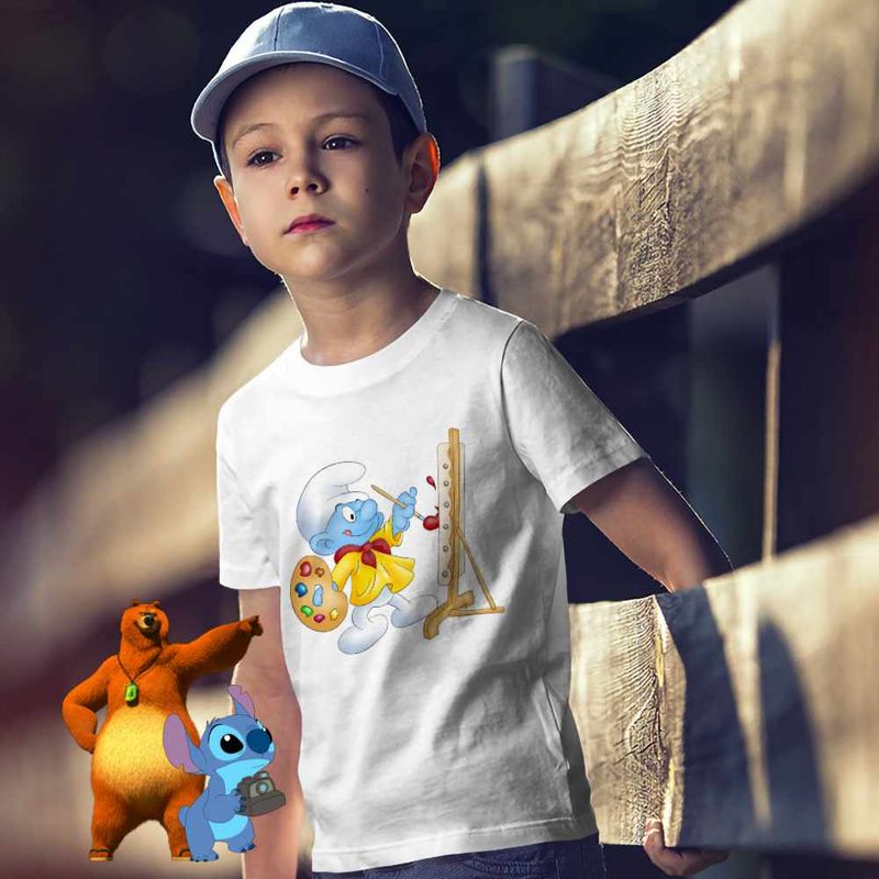 Fashion, accesorii si bijuterii - Copii - Imbracaminte copii - Tricouri copii - Tricou Copii Baieti Strumf Pictor CoolTrend, alb, marime S Copii - Infinity.ro