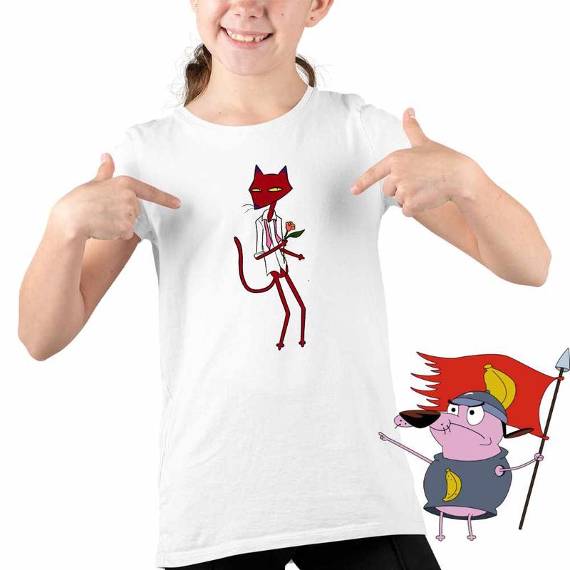 Fashion, accesorii si bijuterii - Copii - Imbracaminte copii - Tricouri copii - Tricou Copii Fete Pisica Rosie Rea Curaj Cainele Fricos, alb, marime L Copii - Infinity.ro