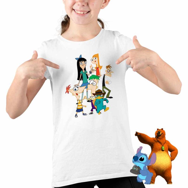 Fashion, accesorii si bijuterii - Copii - Imbracaminte copii - Tricouri copii - Tricou Copii Fete Phinead Ferb Toata Trupa Desen Animat CoolTrend, alb, marime XS Copii - Infinity.ro
