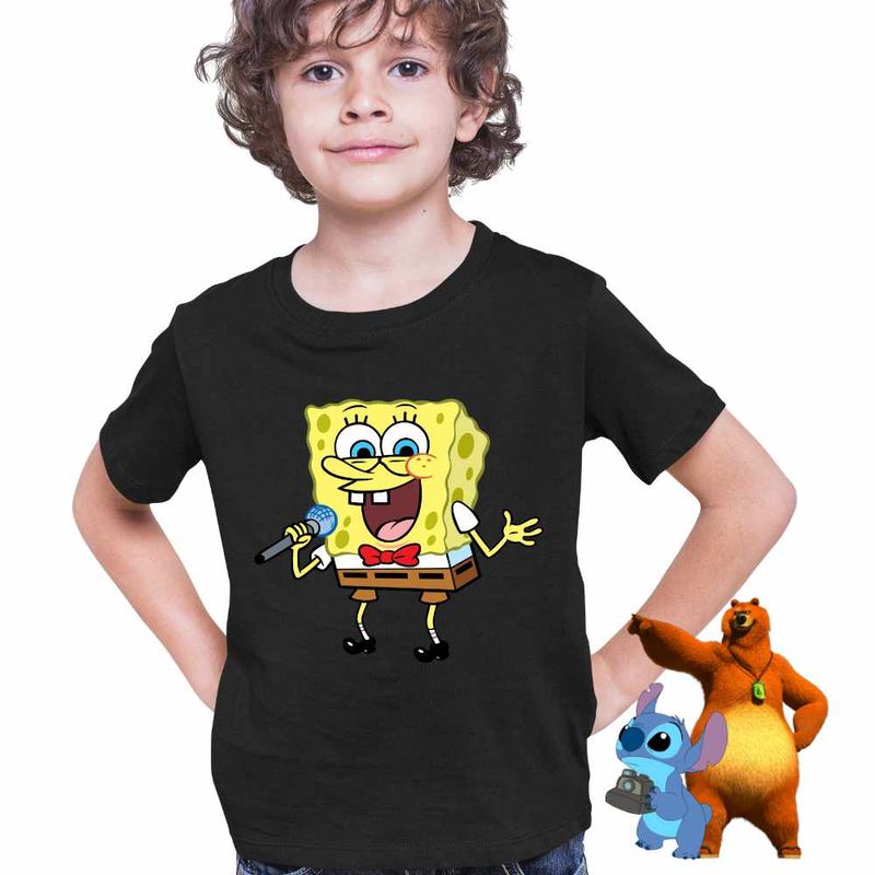 Fashion, accesorii si bijuterii - Copii - Imbracaminte copii - Tricouri copii - Tricou Copii Baieti Sponge Bob Canta Microfon Desen Animat SpongeBob CoolTrend, negru, marime S Copii - Infinity.ro