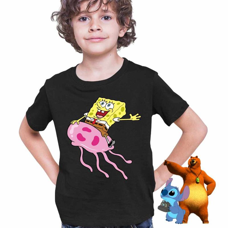 Fashion, accesorii si bijuterii - Copii - Imbracaminte copii - Tricouri copii - Tricou Copii Baieti Spongebob Pantaloni Patrati Calare Meduza CoolTrend, negru, marime XS Copii - Infinity.ro