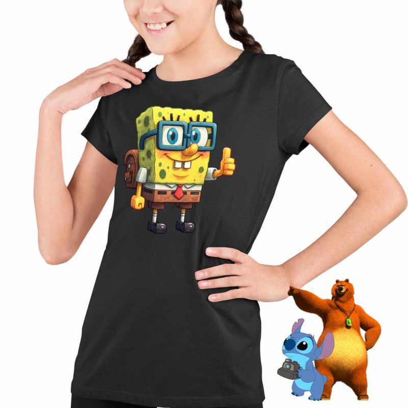Fashion, accesorii si bijuterii - Copii - Imbracaminte copii - Tricouri copii - Tricou Copii Fete Minecraft SpongeBob Nerd Sponge Bob Pantaloni Patrati CoolTrend, negru, marime XS Copii - Infinity.ro