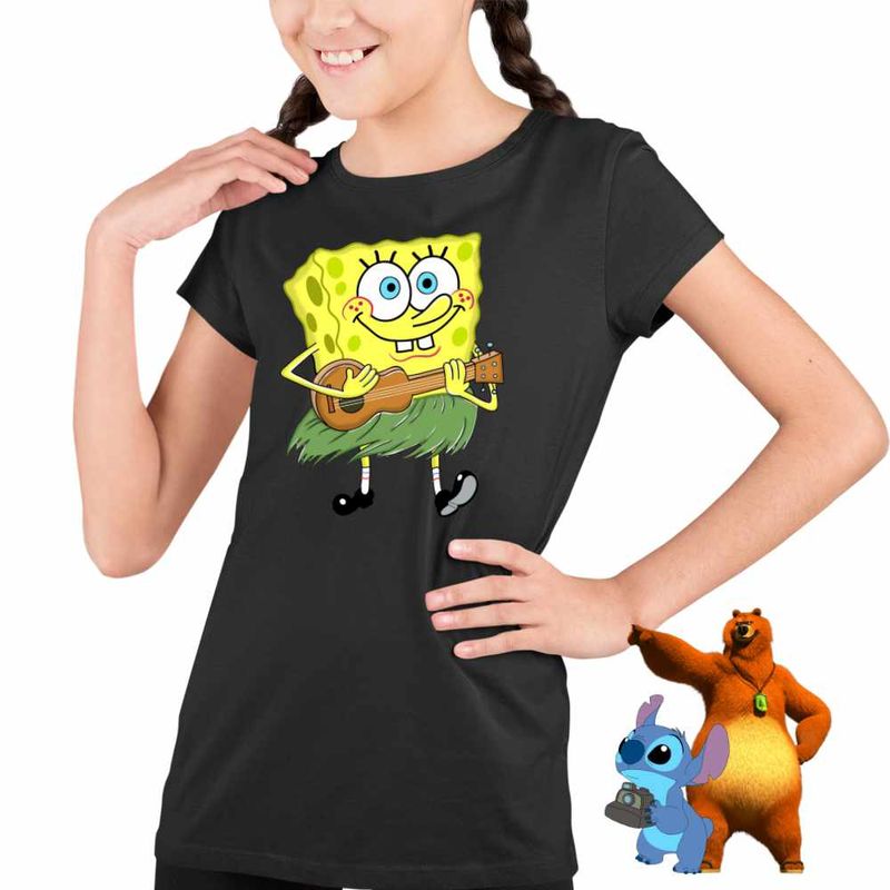 Fashion, accesorii si bijuterii - Copii - Imbracaminte copii - Tricouri copii - Tricou Copii Fete SpongeBob Hawaii Ukulele Serial Sezon CoolTrend, negru, marime XS Copii - Infinity.ro