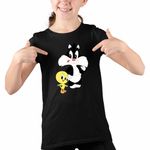 Fashion, accesorii si bijuterii - Copii - Imbracaminte copii - Tricouri copii - Tricou Copii Fete Tweety Sylvester Scutec CoolTrend, negru, marime L Copii - Infinity.ro