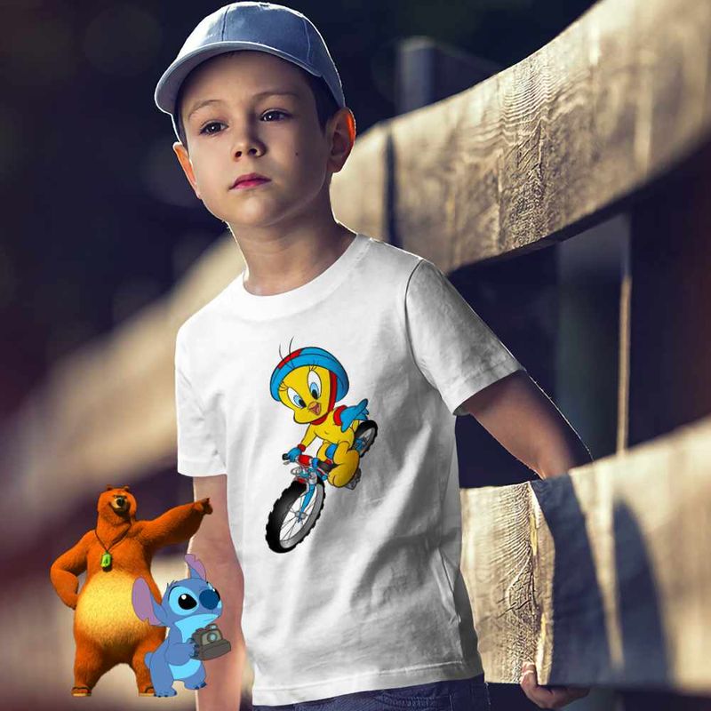 Fashion, accesorii si bijuterii - Copii - Imbracaminte copii - Tricouri copii - Tricou Copii Baieti Tweety Bicicleta CoolTrend, alb, marime S Copii - Infinity.ro