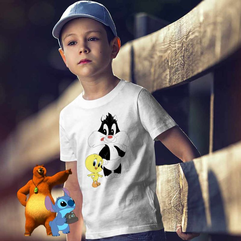 Fashion, accesorii si bijuterii - Copii - Imbracaminte copii - Tricouri copii - Tricou Copii Baieti Tweety Sylvester Scutec CoolTrend, alb, marime M Copii - Infinity.ro