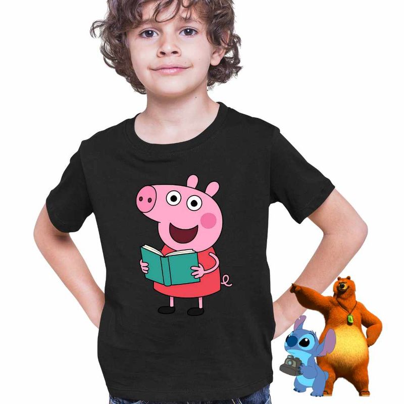 Fashion, accesorii si bijuterii - Copii - Imbracaminte copii - Tricouri copii - Tricou Copii Baieti Purcelusa Peppa Pig Citeste Carte CoolTrend, negru, marime XS Copii - Infinity.ro