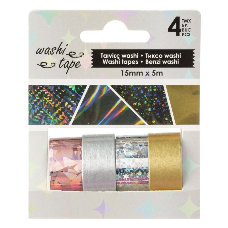 Carti si Birotica - Birotica - Accesorii de birou - Benzi adezive - Set 4 role Washi Tape Metalizat, 5m x 1.5cm, Multicolor - Infinity.ro