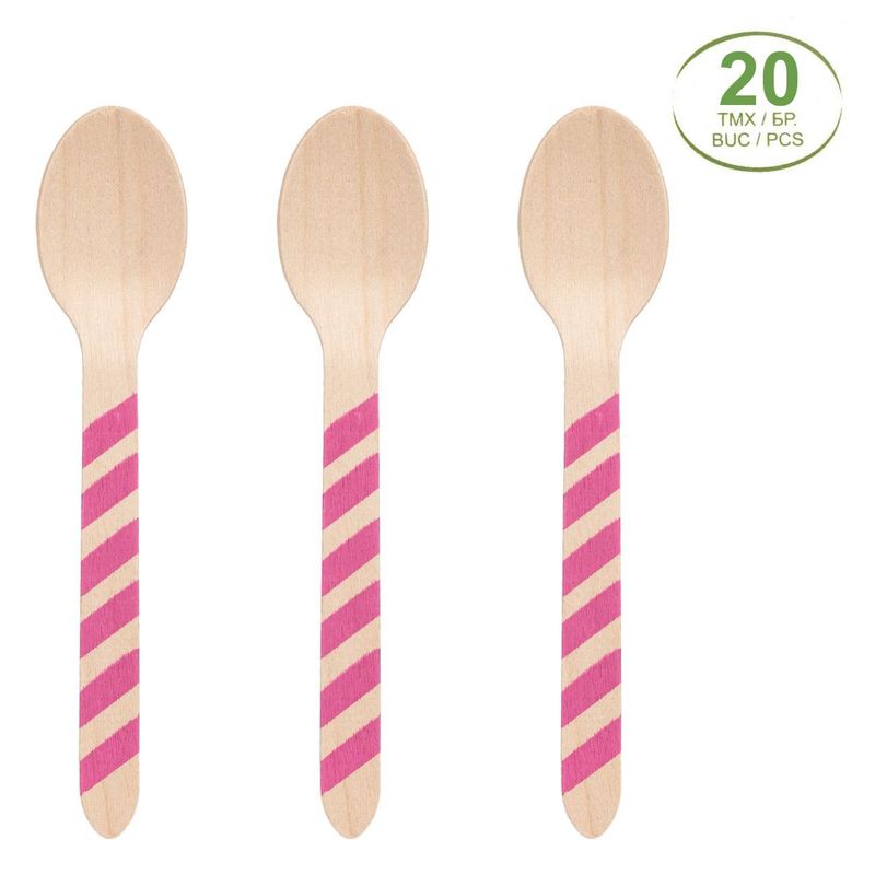 Casa si Gradina - Bucatarie si vesela - Ustensile bucatarie - Polonice, linguri si clesti de bucatarie - Linguri din Lemn de Petrecere cu Dunga Fucsia, 16cm, 20 buc - Infinity.ro
