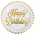 Casa si Gradina - Decoratiuni - Decoratiuni petrecere - Accesorii pentru petrecere - Farfurii de petrecere carton alb cu dungi din folie aurie Happy Birthday - Infinity.ro