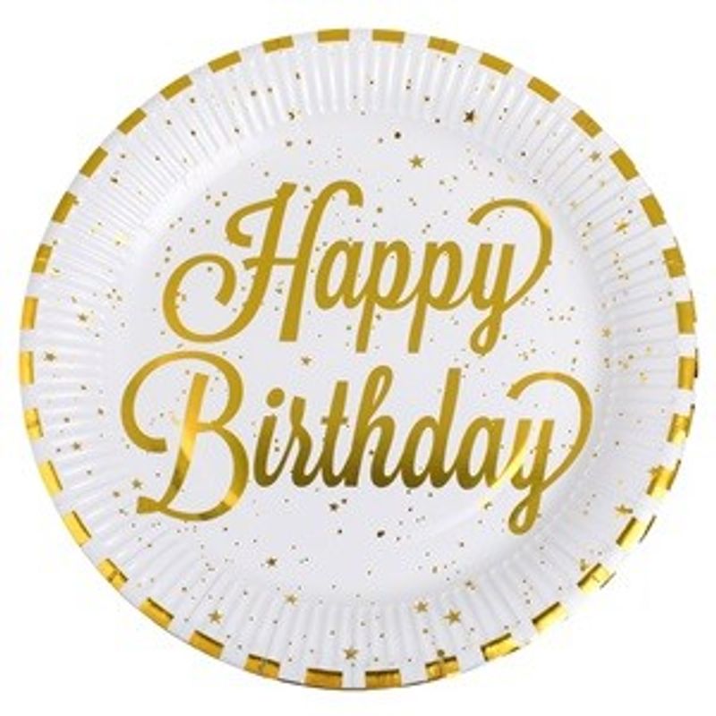 Casa si Gradina - Decoratiuni - Decoratiuni petrecere - Accesorii pentru petrecere - Farfurii de petrecere carton alb cu dungi din folie aurie Happy Birthday - Infinity.ro