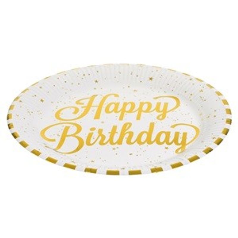 Casa si Gradina - Decoratiuni - Decoratiuni petrecere - Accesorii pentru petrecere - Farfurii de petrecere carton alb cu dungi din folie aurie Happy Birthday - Infinity.ro