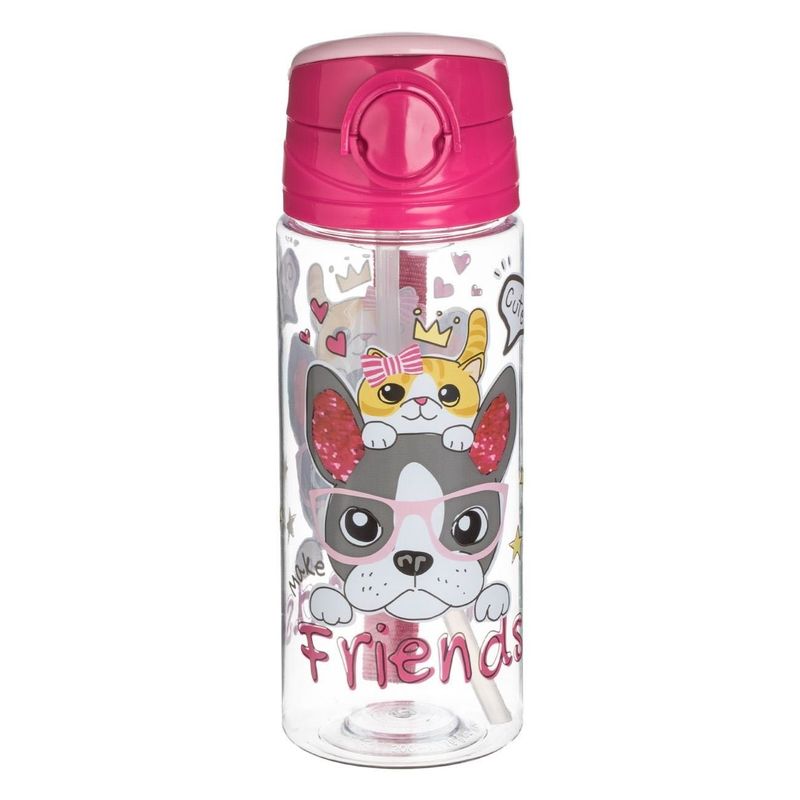 Casa si Gradina - Bucatarie si vesela - Cani si pahare - Sticle - Sticla de apa cu mecanism pop-up, 500 ml, Transparenta, cu design Catel si Pisica - Infinity.ro