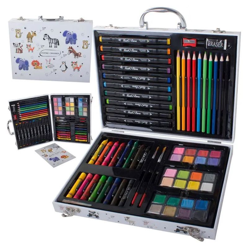 Jucarii, Copii si Bebe - Jucarii si jocuri - Jucarii & jocuri educative - Seturi pictura si desen - Trusa de Pictura si Desen 64 Piese, Cutie din Lemn cu Maner, Acuarele, Markere Duble, Creioane si Coli Desen - Infinity.ro