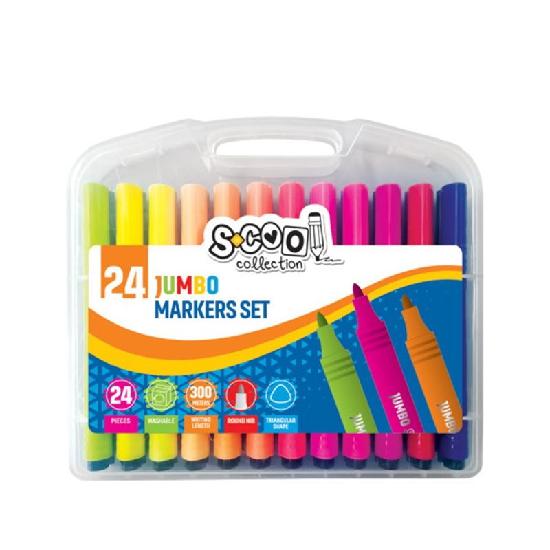 Carti si Birotica - Birotica - Instrumente de scris - Markere si carioci - Set 24 Markere Jumbo Lavabile S-COOL, Corp Triunghiular Ergonomic, Varf Conic Rezistent, Cutie Plastica cu Maner - Infinity.ro